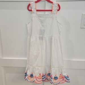 crown & ivy White Dress with Pink and Blue Hem Embroidery